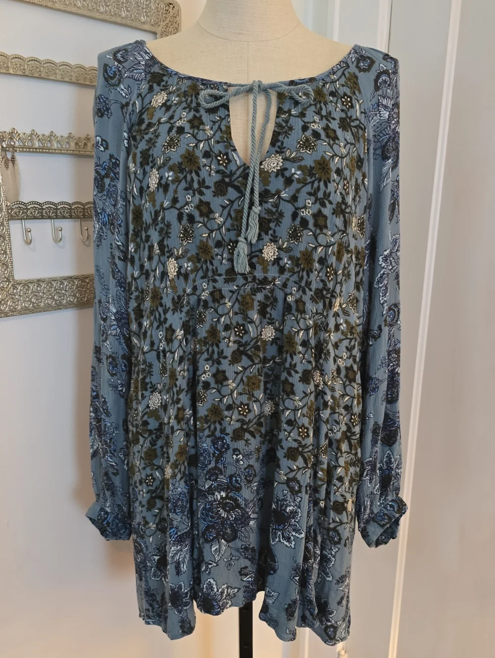 FREE PEOPLE ...Boho Floral Tie-Neck Long Sleeve Dress in Dusty Blue